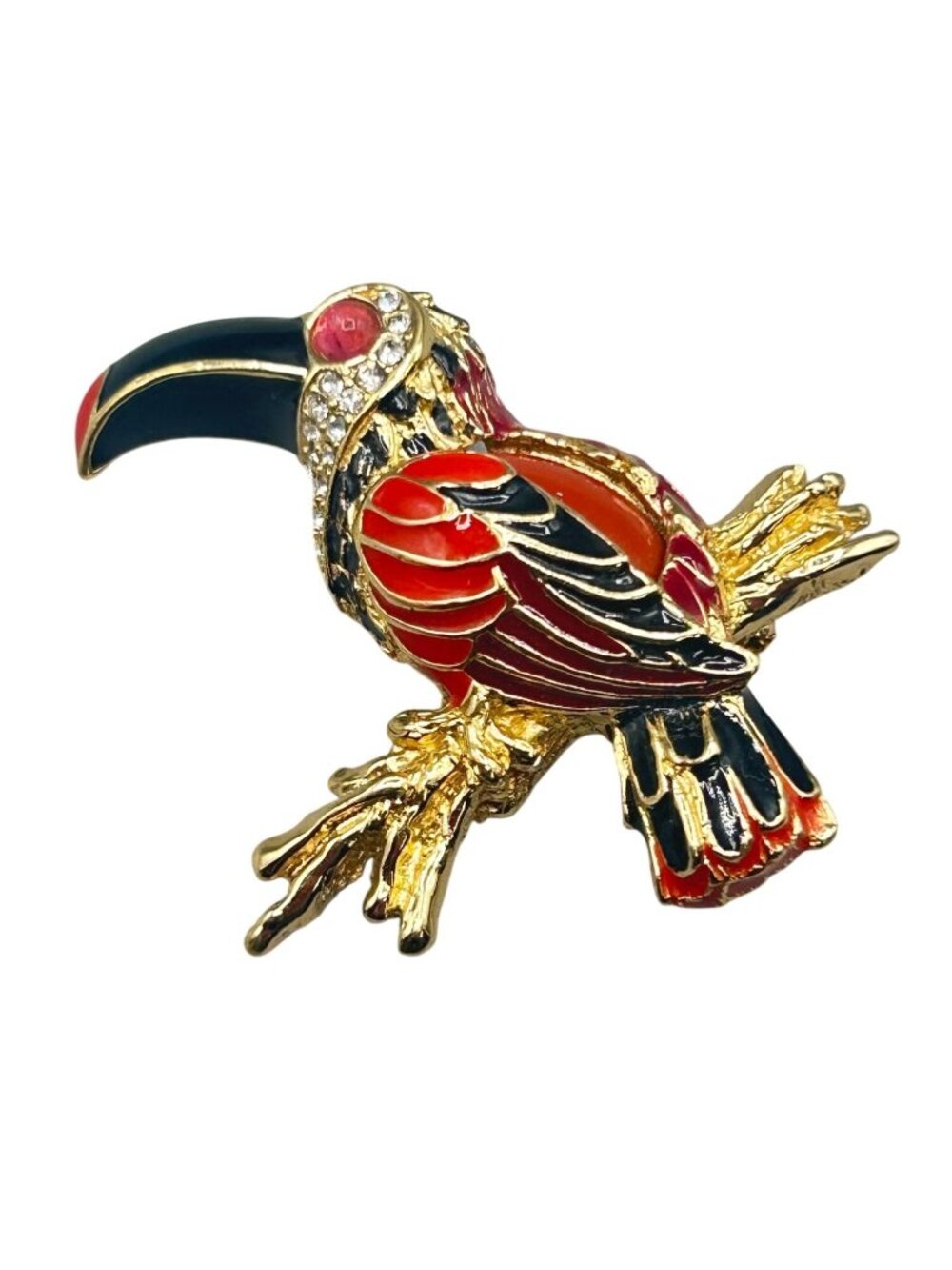 Vintage Bird Toucan Pin Brooch Red And Black Enamel Gold Tone Designer Quality